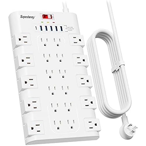 SUPERDANNY Power Strip Surge Protector, 22 AC 6 USB, 2100J, 6.5Ft,1875W/15A