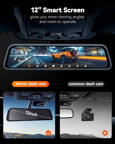Image of WOLFBOX G840S 12 inch 4K Mirror Dash Cam, Smart Rear View Mirror for Cars & Trucks, Dual Front and Rear Cameras, Night View, Parking Assist, GPS, 32GB Card Included