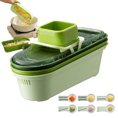 Affettatrice di cetrioli, trituratore di verdure | Affettatrice per verdure | Set affettaverdure multiuso con 6 taglierini e 3 cestelli, strumento per triturare gadget da cucina per frutta e verdura