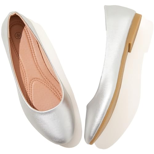 MEFOUND Women's Ballet Flats Shoes Comfortable PU Leather Dress Slip on Shoes Teacher Business Casual (Silver.US7.5)