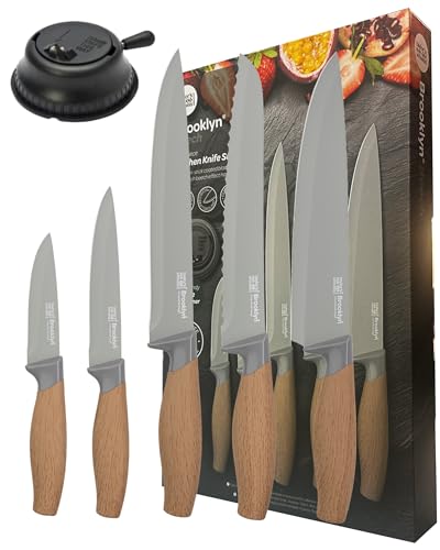 Taylors Eye Witness 5pc Beech Look Presentation Knife Set - Brooklyn Anti-Bacterial Non Stick Grey Blades. Paring, All-Purpose, Chefs, Serrated Bread & Carving Knife with Bonus Knife Sharpener