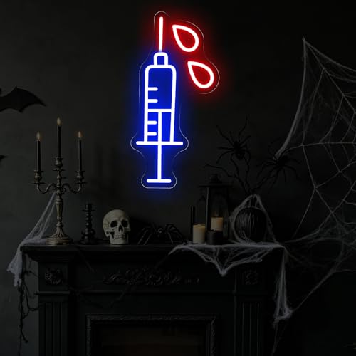 Image of Interesting Syringe Neon Sign Gothic Led Light Goth Home Decoration | USB Powered Dimmable Needle Restaurant Bar Venue Party Room Shop Wall Decor Child Personality Gift 15.7 inchx5.9 inch