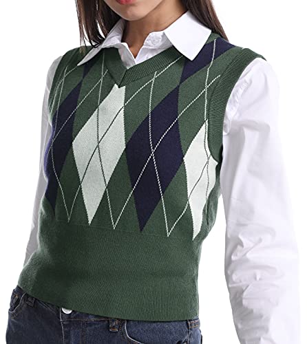 Plaid Vest Cropped Knitted For Women (Green Argyle,M) #TOP18