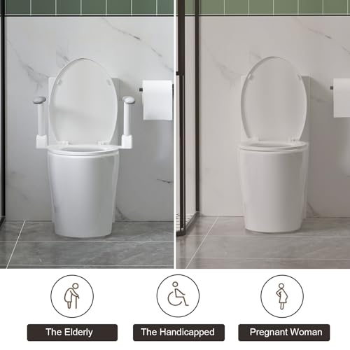 Inodoro de una pieza con asideros plegables integrados, altura ADA de 17 pulgadas para adultos mayores y personas con discapacidad, capacidad de 480 lb, asideros de acero al carbono, sistema de doble descarga Tornado de 1,1/1,6 GPF, sifón de 12 pulgadas miniatura 6