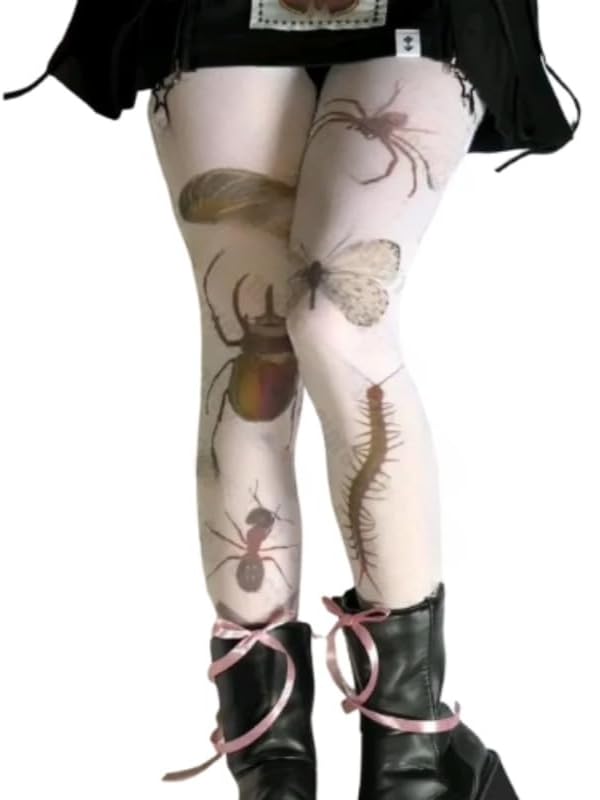 JOLILUNA Whimsy Twee Bug Print Funky Tights (One Size,white-2)