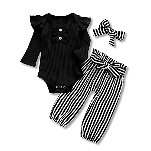 Image of Kislio Newborn Baby Girls Clothes Ribbed Ruffled Romper+Floral Pants+Headband Infant Outfit Set