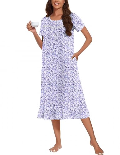 Ekouaer Cotton Summer Nightgowns for Women Soft Long Button Night Gowns Ladies House Dresses with Pockets Short Sleeve Pajama Dress Blue Dot 2XL