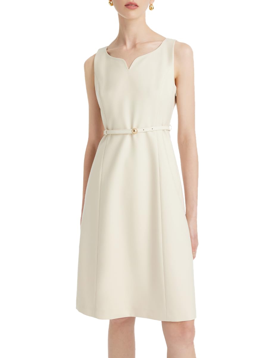 Goeliawomens Midi Dress With Belt Merino Wool Beige Sleeveless V