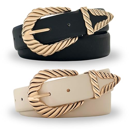 CITRUSY Boutique Western Belt 2-Pack | Country Western Fashion Cowgirl Belts for Women | Cute Chunky Gold Western Belt Buckle | Cream and Black PU Leather Belts (Rodeo Pack | Size M-L)
