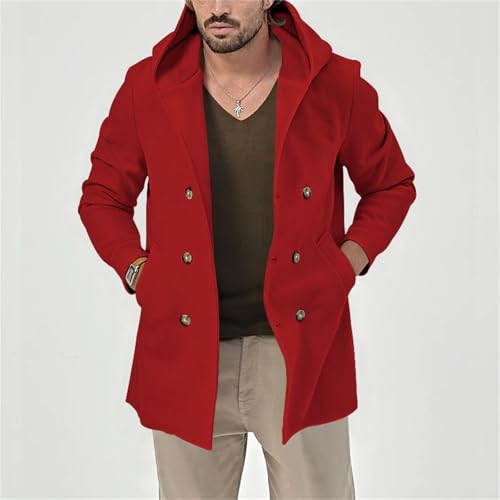 Men's Wool Blend Pea Coat Casual Trench Coat Hooded Collar Double Breasted Overcoat Slim Fit Mid Long Jacket for Spring3