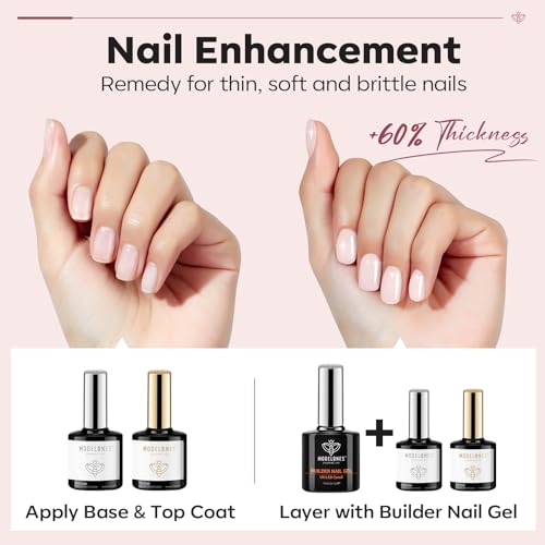 Image of modelones Top Coat with Builder Nail Gel, Nude Pink Color Builder Top Nail Kit for Apex Building Thickening Extension, LED Lamp Cured Color Base Shine Finish Top Coat 10ml Home DIY Salon