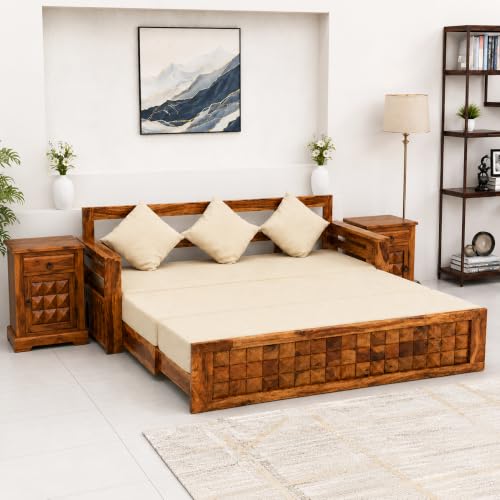 Image of SONA ART & CRAFTS Diamond Sheesham Wood Sofa Cum Bed with Bedside | 3 Seater with Storage and Side Pockets for Living Room Organizer Furniture Sofa Bed Home, Bedroom (Natural Finish)