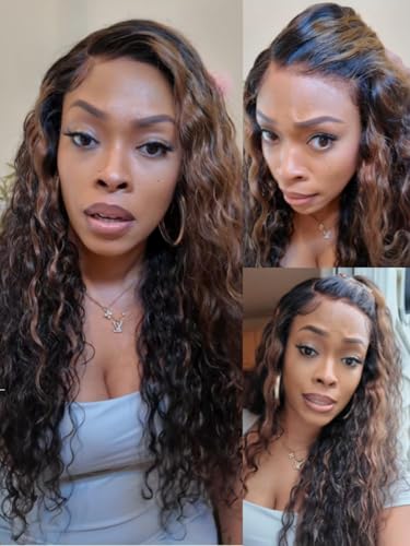 Image of Sunber Bye Bye Knots 7x5 Lace Glueless Water Wave Human Hair Wig 16Inch | Golden Brown Highlights No Slip Wet and Wave Gluless Wig 150% Density Put On Go Pre Bleached Invisible Knots