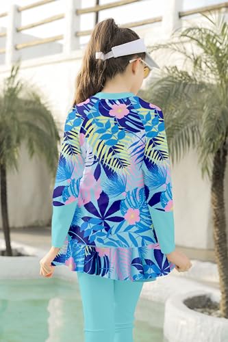Image of Girls Long Sleeve Rashguard Half Zip Swimsuits UPF 50+ Two Piece Swim Sets with Hairband 5-12Y | Two Piece Swim Sets with Hairband