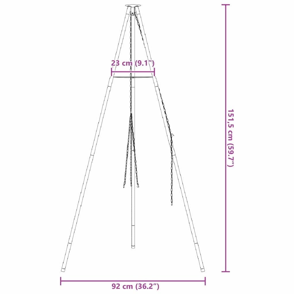 Statyw do ogniska, czarny, ze stali, 92 x 92 x 151,5 cm, przenośny, na kemping, imprezy ogrodowe, stabilny stelaż do gotowania na otwartym ogniu i wszechstronnego gotowania na świeżym