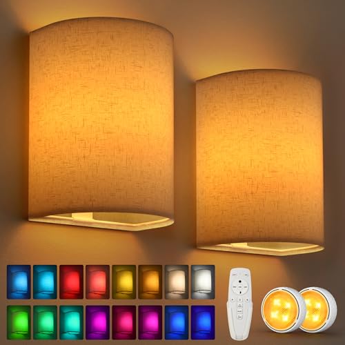 Image of Battery Operated Wall Sconce Night Lights for Bedroom Set of 2, Wireless LED Wall Lamp with Remote & Timer, Linen Fabric Shade Cordless Indoor Wall Mounted Lighting Fixture for Living Room Bedside