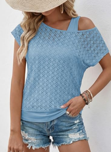 Dokotoo Boho Sets for Women Crochet Hollow Out Cover up Short Sleeve Lace Shirts 2026 Womens Tops Casual Trendy Crewneck Two Piece Set Cute Resort Wear Sets Vacation Clothes Beau Blue — view 2