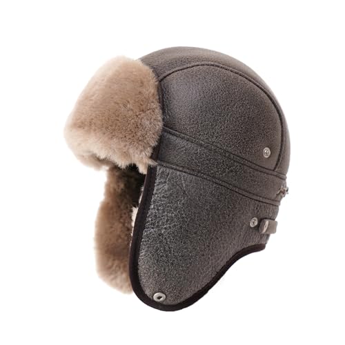 Image of Mumcu's Leather Sheepskin Aviator Russian Ushanka Fur Winter Hat Cap with Snap Closure