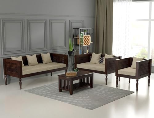 Image of Sheesham Wooden 6 Seater Sofa Set for Living Room | Rosewood Cushion Sofa | Solid Wood Sofa Set for Lounge (Walnut, 6 Seater)
