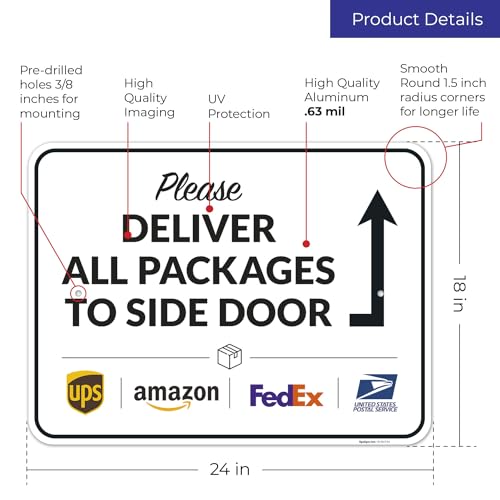 Image of Package Delivery Sign, Delivery Instructions Deliver All Package to Side Door Sign, 18x24 Inches, Rust Free .063 Aluminum, Fade Resistant, Made in USA by Sigo Signs