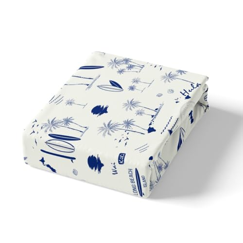 Coastal Beach Fitted Sheet Full Size,Surfboard Sailboat Palm Tree Bedding Set 3Pcs for Kids Girls Boys Teens Room Decor Summer Ocean Life Bed Sheet Navy Blue White Deep Pocket Sheet,2 Pillowcases - Image 4