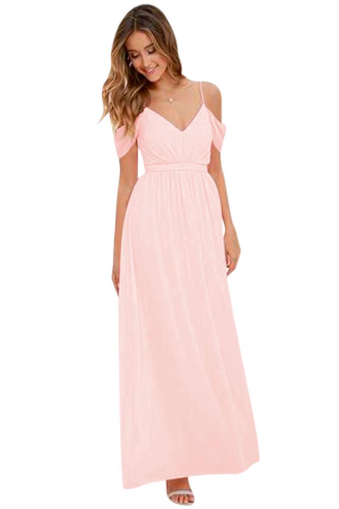 Andybridal Women's Elegant Double V Neck Cap Sleeves Open Back with Belt Chiffon Long Bridesmaid Dress