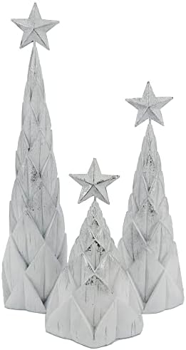 S/3 Resin White/Silver Foil Tree W/Star Top Tabletop Handmade Polyresin Trees with Circular Base for Holiday Home Decor (Christmas Trees-2)