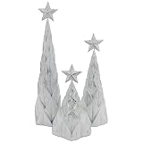 S/3 Resin White/Silver Foil Tree W/Star Top Tabletop Handmade Polyresin Trees with Circular Base for