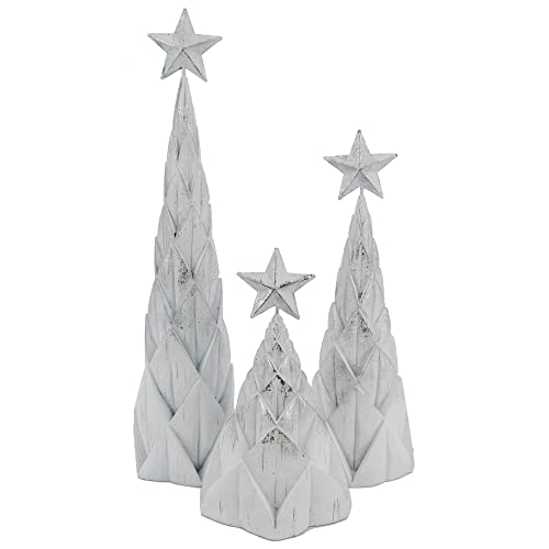S/3 Resin White/Silver Foil Tree W/Star Top Tabletop Handmade Polyresin Trees With Circular Base For Holiday Home Decor (Christmas Trees-2) #TOP3