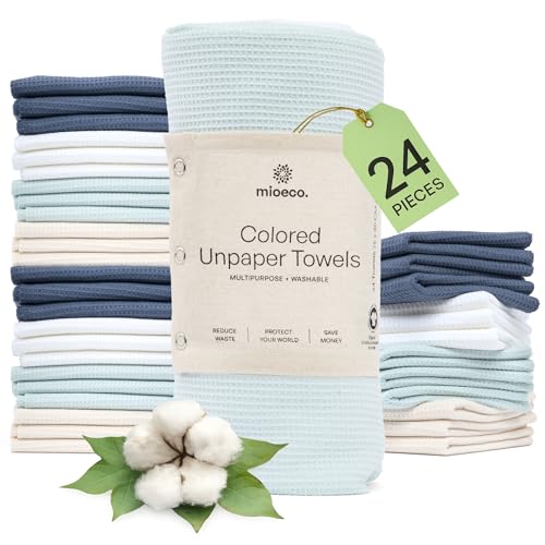 Image of mioeco 24 Pack Multicolored Reusable Paper Towels - Nature Friendly - Organic Cotton Alternative - Thick, Strong, Paperless Kitchen Dish Cloths - Reusable Napkins - Dish Towels - Cloth Napkin