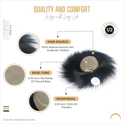 Image of Artello SILK MIRAGE Smart Hair Patch for Men, Softest Double Layer Hair Wig in 100% Natural Human Hair, Scalp Mesh for Soaking Sweat, Tissued Base (Colour: Natural Black) (7x5)