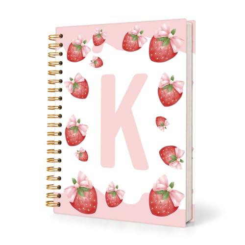 Locomiss Strawberry Initial Letter K Notebook Journal, Cute Pink Spiral Notebook Journal for Teen Girls Women, Personalized Journals for Women, 5.5x8.16