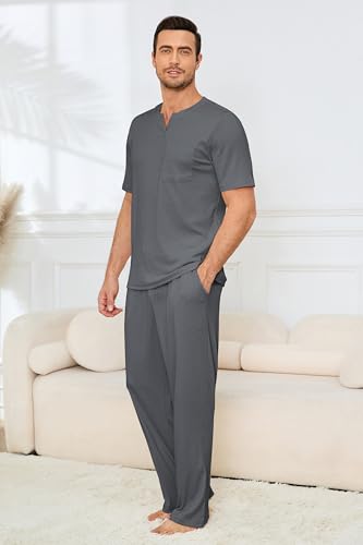 Image of JiniGolla Mens Pajamas Set Soft Short Sleeve Top and Pant Loungewear Sets 2 Piece Pjs with Pockets