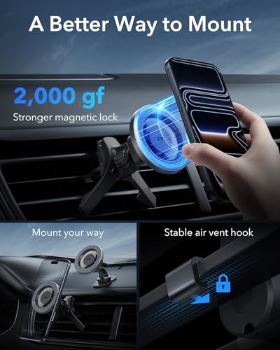 Image of ESR for MagSafe Car Mount, Magnetic Car Mobile Holder, Air Vent /Dashboard Magnetic Phone Mount for iPhone 17e /Air /17 /16e /16 /15 /14 /13, Samsung, Pixel 10, All Smartphones, Grey(2 Metal Rings Included)