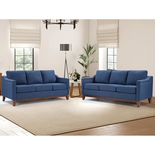 Image of Classic 3-Seater Sofa Set of 2 with Nailhead Trim, High-Density Foam Cushions & Sturdy Solid Wood Legs, Soft Fabric Couch for Living Room, Blue