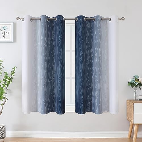 Estelar Textiler Navy Blue and Greyish White Blackout Curtains 45 Inch Length, Light Blocking Gradient Drapes for Kitchen, Thermal Insulated Grommet Ombre Curtains for Bathroom,42Wx45L,2 Panels