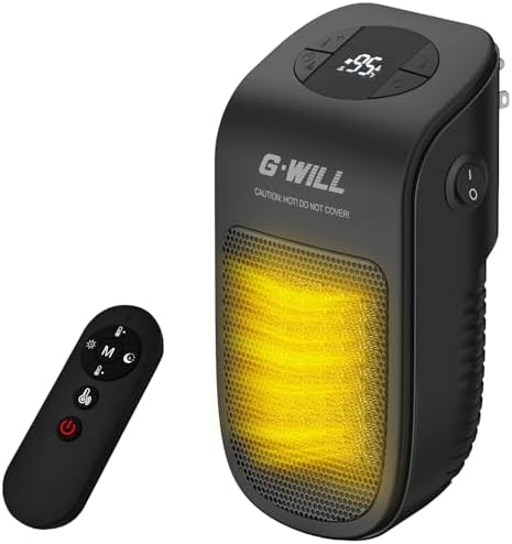 G-WILL Smart Plug in Heater 600W (Black), 3¢/hr Running Cost, Wake-up Timer, Cuts 75% Energy, Ceramic Mini Portable Electric Space Fan Heater, Auto Thermostat, 4-Layer Safety System
