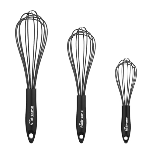 NileHome Silicone Whisk Set 8' 10' 12' Kitchen Whisk Kitchen Wisk Wire Whisks for Cooking, Whisking, Blending, Beating, Stirring-Black 3 Pack