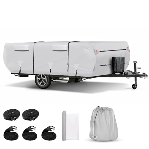 Kistrba Heavy Duty 420D Oxford 8-10ft Pop Up Camper Trailer Cover, Windproof Waterproof RV Utility Trailer Cover with Top Tent and Air Vent, 132IN*88IN*42IN