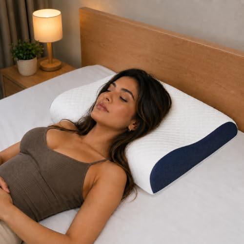 Image of Memory Foam Contour Pillow for Neck & Cervical Pain Relief | Ergonomic Neck Pillow for Back, Side & Stomach Sleepers | Washable Cotton Cover, Breathable Airflow Design - White, 30 x 50 x 10 CM