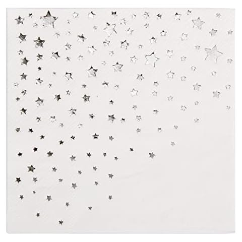 Stylish Silver Cocktail Napkins, 100 White and Silver Napkins, Disposable 5x5 Inch Silver Star Napkins, 3-Ply Holiday Cocktail Napkins, Silver Paper Napkins, Silver Chrismas Napkins Cover