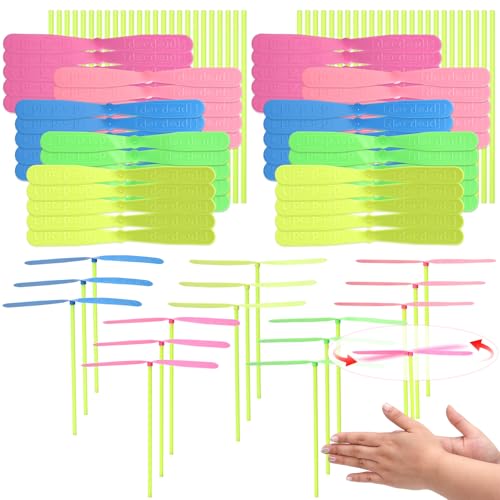 DEARIDAP 100 Pcs Solid Color Hand Helicopter Set, 50 Propeller+ 50 Rod Flying Helicopter Toy Set, Bamboo Dragonfly Hand Rub Plastic Propeller for Outdoor Activity Children Gifts (Random 3-5 Color)
