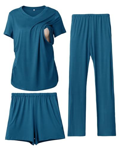 Image of Rnxrbb 3 Piece Women's Maternity Nursing Pajamas Set V Neck Breastfeeding Pjs Sleepwear Postpartum Shorts&Pants Pockets