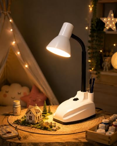 Image of LED White Study Table Lamp with Adjustable Flexible Neck | Metal Desk Lamp for Reading, Study, Work from Home & Office Use | Eye Comfort Lighting for Students