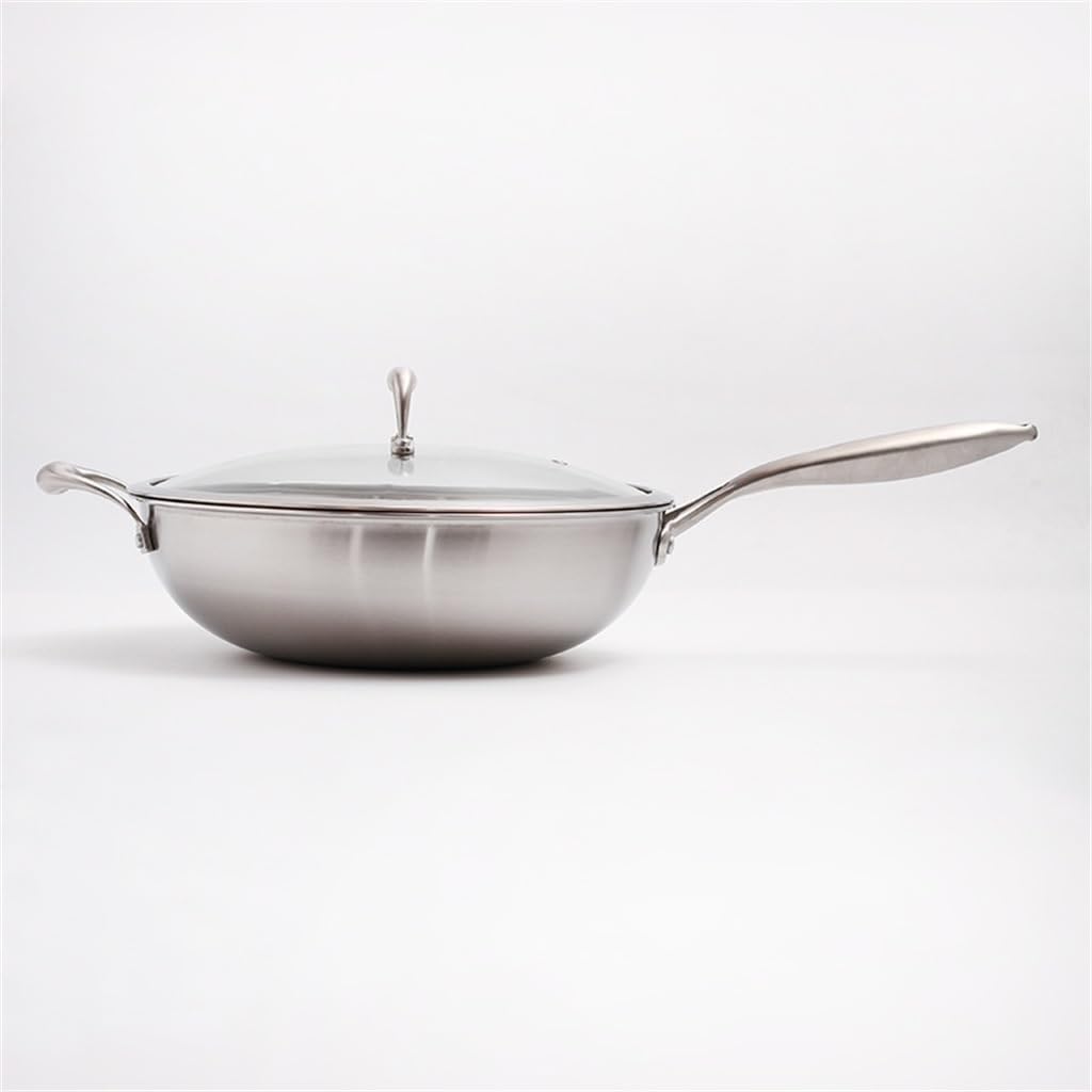 HBJWOV 304 Stainless Steel Flat Bottom Wok Household Less Lampblack Non-stick Pan Cooker