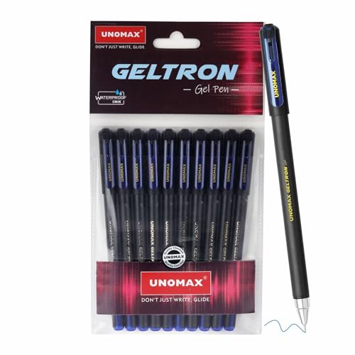 UNOMAX Geltron Gel Pen Pack of 10 (10 Blue) | Professional Ergonomic Design for Daily Use, Exam-Friendly | Fast-Flowing Ink, Writing Precision, Budget-Friendly,