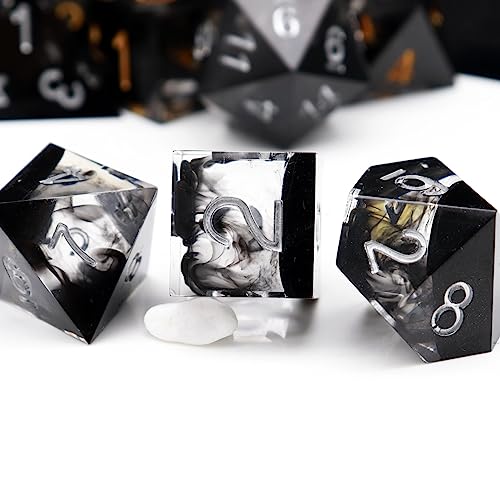 Haxtec Sharp Edge DND Dice Set, Black Swirls Resin Polyhedral RPG Dice