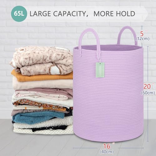 Image of Large Cotton Rope Laundry Hamper for Clothes 65L, Purple
