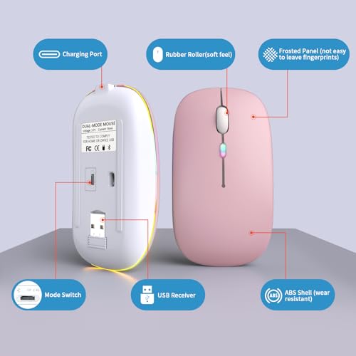 Image of Wireless Bluetooth Mouse, Rechargeable, LED, Silent, Ultra-thin Design (Bluetooth 5.2 and 2.4GHz USB Receiver) | Portable Computer Mouse for Laptops, iPads, MacBooks and Apple Devices (Pink)