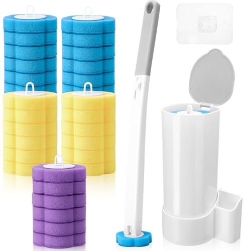 32Pcs Toilet Brush Replacement Head with Handle, Disposable Toilet Brush Cleaning System, Wall-mounted Holder Cleaner Set Disposable Toilet Wand Kit for Home Bathroom Kitchen- White